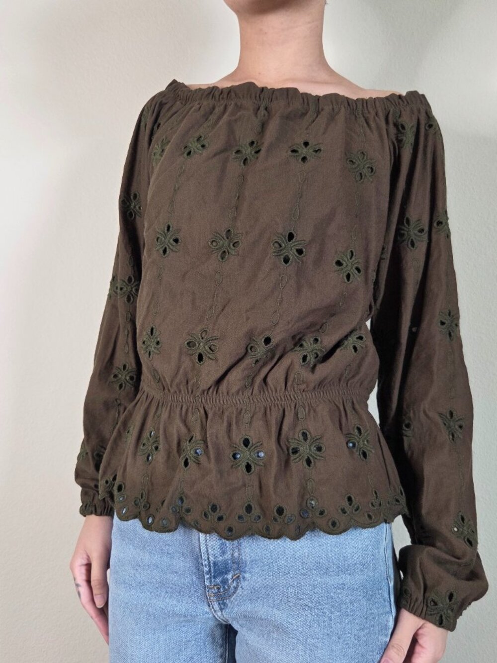 L.O.V. Green Off-The-Shoulder Longsleeve Floral Embroidered Blouse